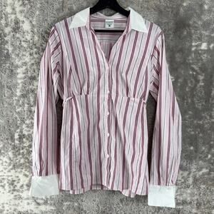 Motherhood Maternity Sz L Stretch Striped Tie Casual Button Top Pink Long Sleeve